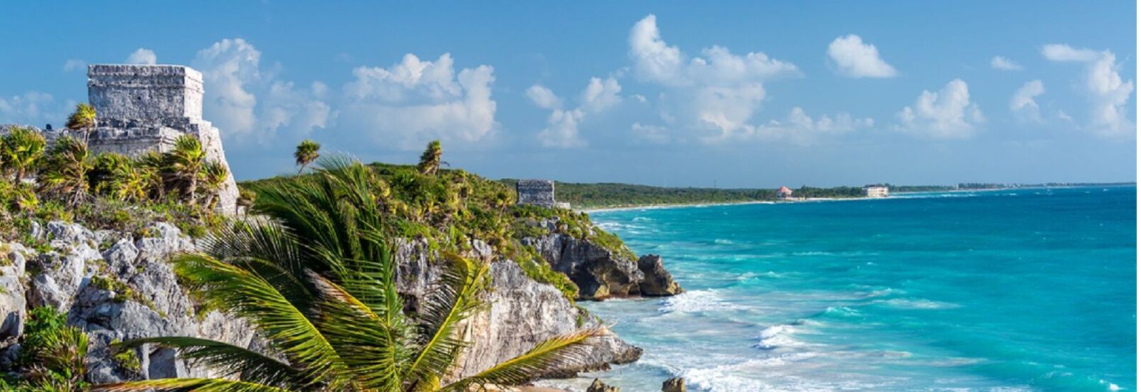 View of beach and ancient ruins in Tulum, Mexico 